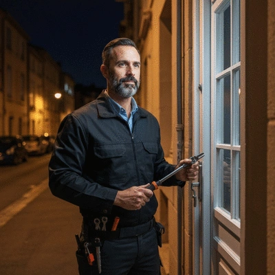 Serrurier Marseillais intervenant en urgence la nuit pour une porte claquée, avec une lumière d'intervention, no text, no words, no typography, clean image