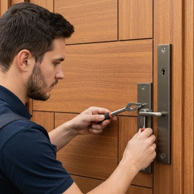 Serrurier installing a new lock on a wooden door