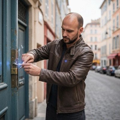 Serrurier expert réparant une serrure endommagée à Marseille, avec un fond flou de la ville