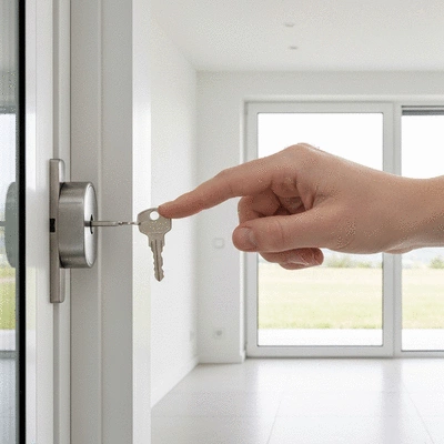 Hand holding a key, trying a lock, symbolizing security checkup, with a modern home in the background