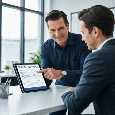 Professional locksmith showing a client the benefits of a service contract on a tablet, in a modern office setting, no text, no words, no typography, no labels, clean image
