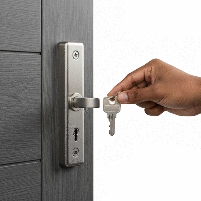 Main tenant une clé devant une serrure de haute sécurité, intérieur moderne, lumière naturelle, no text, no words, no typography, clean image