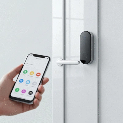 Modern smart lock on a white door with a smartphone controlling it