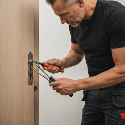 Serrurier examinant une serrure endommagée avec des outils professionnels