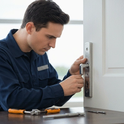 Serrurier en uniforme travaillant sur une serrure de porte moderne
