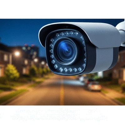 Security camera monitoring a residential street at night, with blurred city lights in the background