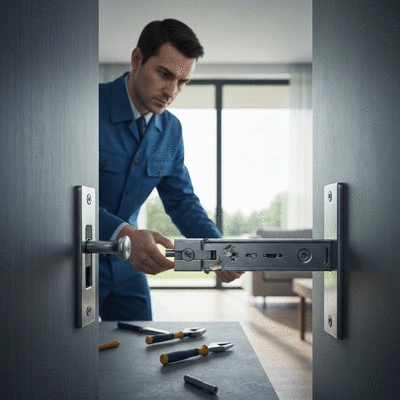Expert serrurier examinant une serrure endommagée après une effraction