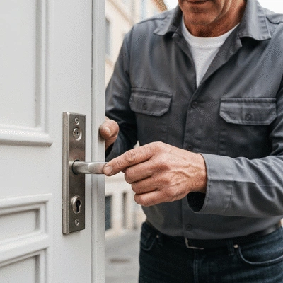 Close-up of a modern door lock being inspected by a professional locksmith's hands, illustrating maintenance and security in Marseille, no text, no words, no typography, no labels, clean image