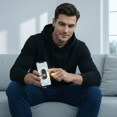 Person using a smartphone to unlock a smart door lock at home