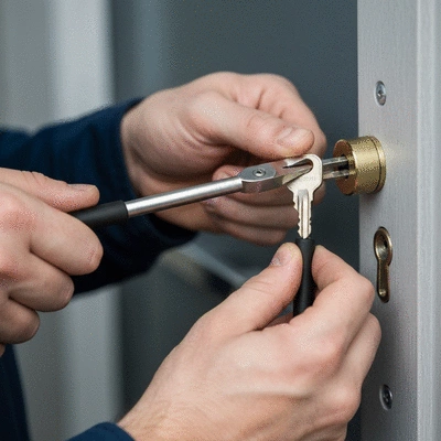 Serrurier professionnel en pleine intervention, gros plan sur les mains et les outils