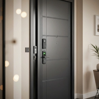 Modern reinforced door with security features in a home setting, Marseille style