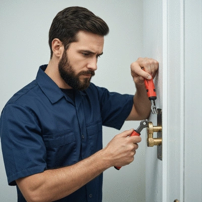 Serrurier en uniforme travaillant sur une serrure de porte, avec des outils professionnels, ambiance d'urgence, no text, no words, no typography, no labels, clean image