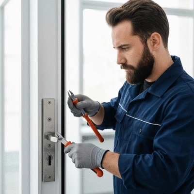 Serrurier professionnel réparant une serrure sur une porte de bureau à Marseille