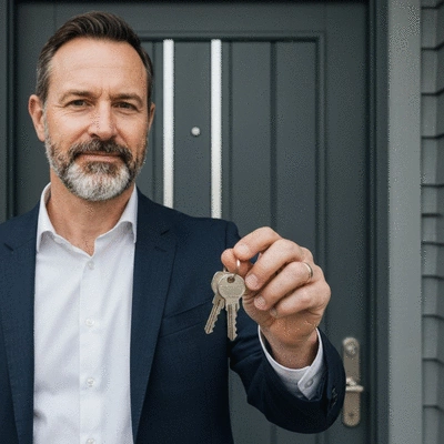 Personne tenant un trousseau de clés devant une porte d'entrée moderne, symbole de sécurité et d'accès facile