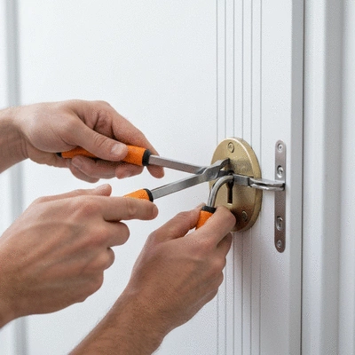 Serrurier professionnel ouvrant une porte bloquée avec des outils spécialisés