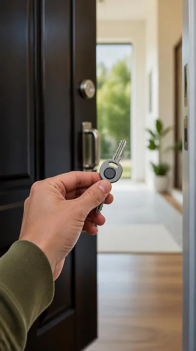Main tenant une clé de sécurité devant une porte