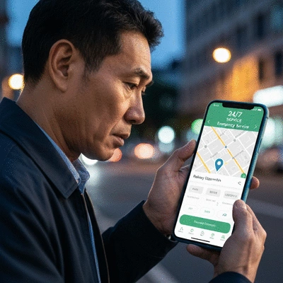 Personne utilisant une application mobile pour trouver un serrurier d'urgence, avec l'horloge indiquant 24/7