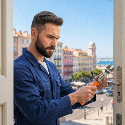 Serrurier examinant une serrure bloquée sur une porte à Marseille