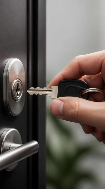 Gros plan sur une main tenant une clé devant une serrure moderne, concept de sécurité domestique