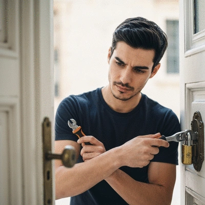 Serrurier en action, réparant une serrure sur une porte à Marseille