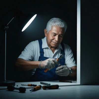 Serrurier travaillant la nuit, symbole de disponibilité 24h/24