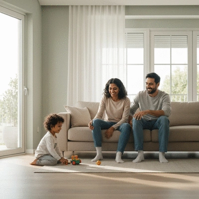 Famille se sentant en sécurité dans leur maison moderne