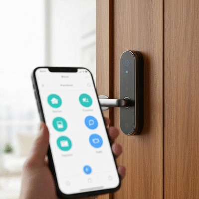 Smart lock on a modern door, controlled by a smartphone, representing home automation and security