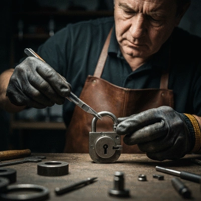 Gros plan sur les mains d'un serrurier réparant une serrure endommagée