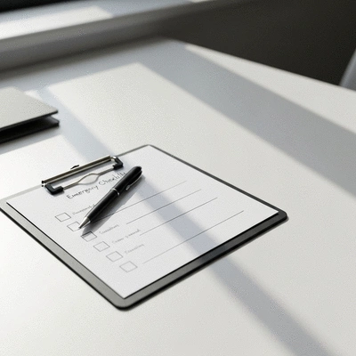 Checklist manuscrite sur un presse-papiers avec un stylo, concept de préparation aux urgences, no text, no words, no typography, no labels, clean image
