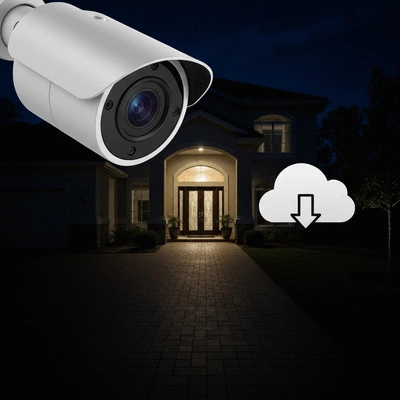 High-definition security camera capturing footage of a home entrance at night, with cloud storage icon, no text, no words, no typography, clean image