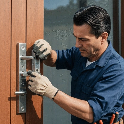 Serrurier professionnel installant une serrure multipoints sur une porte, avec des outils en arrière-plan, mettant l'accent sur l'expertise, no text, no words, no typography, clean image