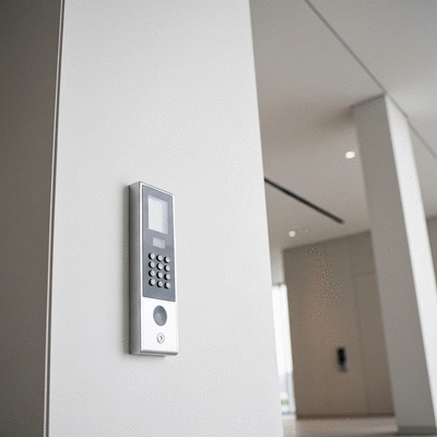 Modern access control system with a digital keypad and an RFID card reader on a sleek wall, in a residential building lobby, no text, no words, no typography, clean image