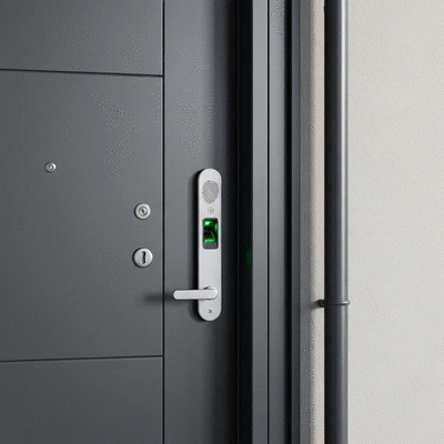 Modern high-security door lock with fingerprint scanner on a sleek door in an urban setting