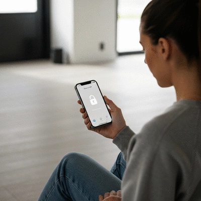 Main tenant un smartphone avec une application de contrôle de serrure connectée, fond moderne