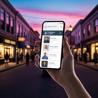 A hand holding a smartphone displaying a list of certified locksmiths on a professional directory website, with a blurred background of a city street