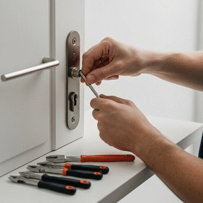 Serrurier d'urgence réparant une serrure de porte