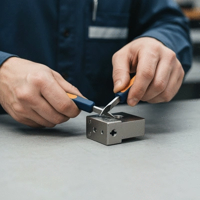 Gros plan sur une main de serrurier manipulant une serrure avec des outils