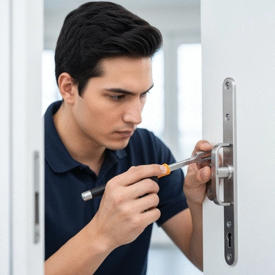 Serrurier en train de travailler sur une serrure, gros plan sur les mains et les outils