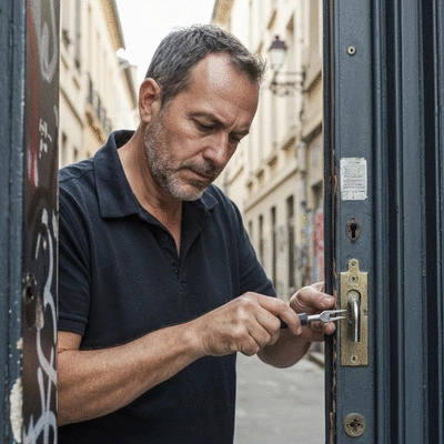 Serrurier réparant une serrure endommagée après une effraction, avec des outils professionnels, dans un cadre urbain de Marseille, ambiance professionnelle, no text, no words, no typography, clean image