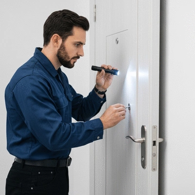 Locksmith inspecting a door for security vulnerabilities in Marseille