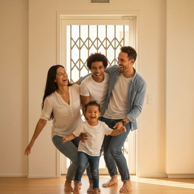 Happy family in a secure home, with a modern reinforced door in the background