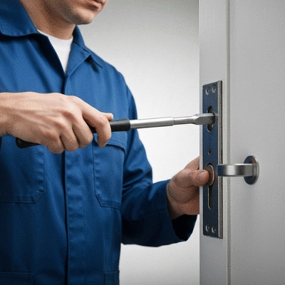 Un serrurier professionnel en uniforme, utilisant des outils spécialisés pour réparer une serrure de porte, mettant en évidence la rapidité et l'efficacité