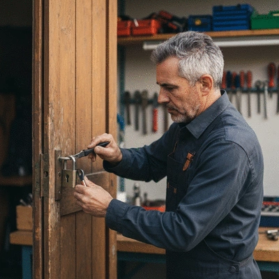 Serrurier professionnel examinant une serrure sur une porte, avec des outils en arrière-plan, lumière naturelle, no text, no words, no typography, no labels, clean image