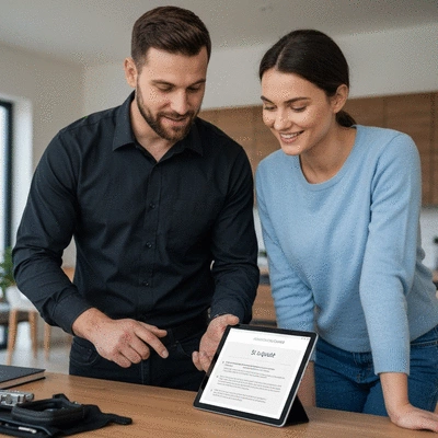 Un serrurier professionnel expliquant un devis à un client sur une tablette