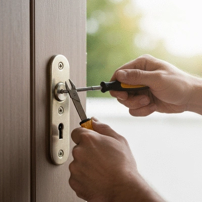Serrurier réparant une serrure de porte endommagée après une effraction, gros plan sur les mains et les outils