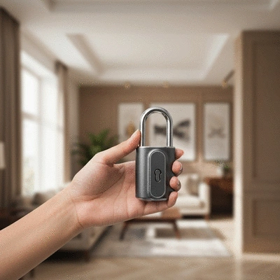 Hand holding a modern certified lock against a blurred background