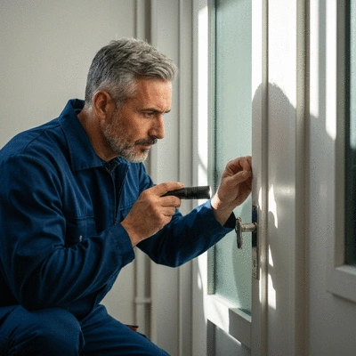 Expert serrurier examinant a door with a flashlight in Marseille