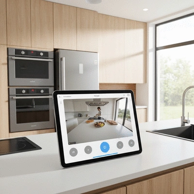 Smart home security system interface on a tablet, showing live camera feed and controls, in a modern home setting, no text, no words, no typography, clean image