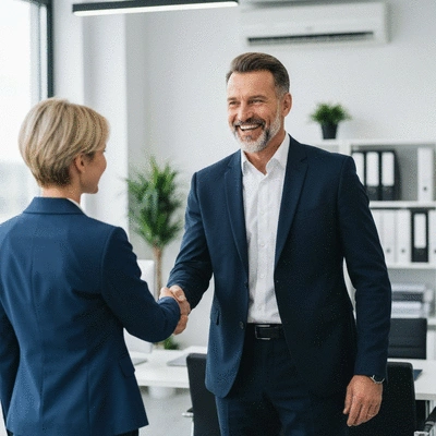 Happy business owner shaking hands with a security professional in a modern office, showing trust and satisfaction, clean image