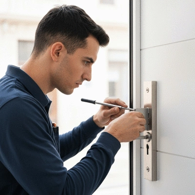 Serrurier installing a high-security lock on a commercial door